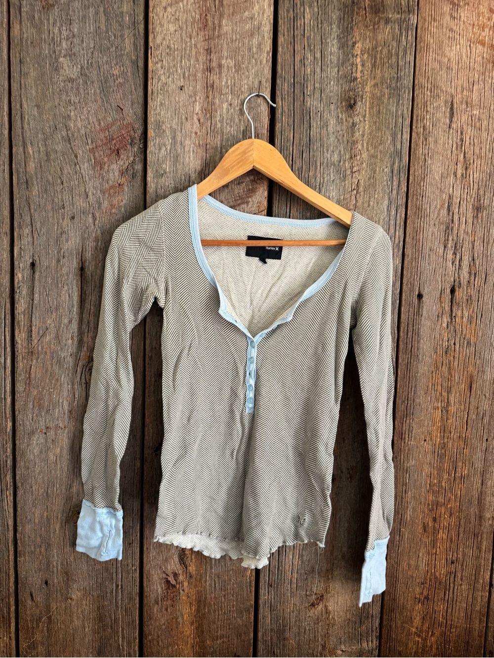 Hurley Women's Long Sleeve Henley - Light Blue Trim with Beige Body